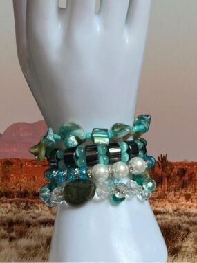 Turquoise Multi-Strand Beaded Bracelet Stack - Women Jewelry